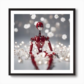 Porcelain And Hammered Matt Red Android Marionette Showing Cracked Inner Working, Tiny White Flowers (5) Art Print