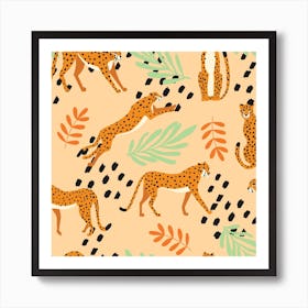 Tropical Cheetah Pattern On Beige With Florals And Decoration Square Art Print