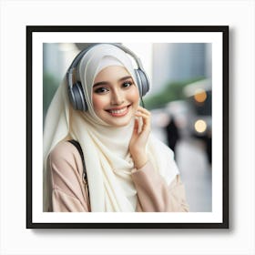 A beautiful young woman wearing a hijab and headphones smiles as she listens to her favorite music Art Print
