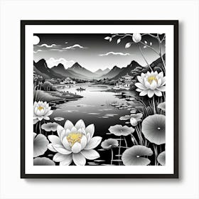 Chinese Landscape With White Lotus Flowers Art Print