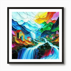 Abstract art stained glass art of a mountain village in watercolor 17 Art Print