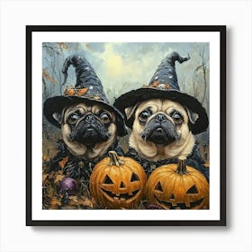 Halloween Pugs In Oil 12 Art Print