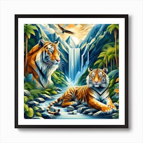 Geometric Art Tigers at the waterfall 2 Art Print