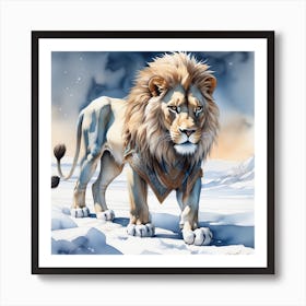 White Winter lion art Watercolor Art Print