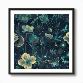 Seamless Pattern With Flowers And Butterflies Art Print