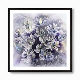 Grey And Blue Flower Painting Square Art Print