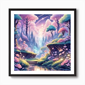 A Fantasy Forest With Twinkling Stars In Pastel Tone Square Composition 126 Art Print