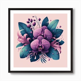 Scandinavian style, Purple orchid flower on tropical leaves 2 Art Print