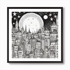 Cityscape With Moon And Stars Art Print