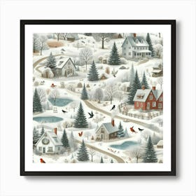 Winter Village, Red Birds And Paths Art Print