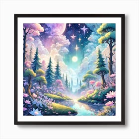 A Fantasy Forest With Twinkling Stars In Pastel Tone Square Composition 254 Art Print
