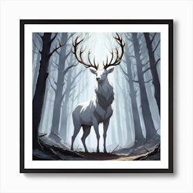 A White Stag In A Fog Forest In Minimalist Style Square Composition 40 Art Print