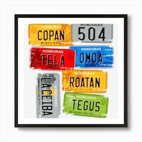 Honduras, Turistic Car Plates, Copan, Tela, Omoa Art Print