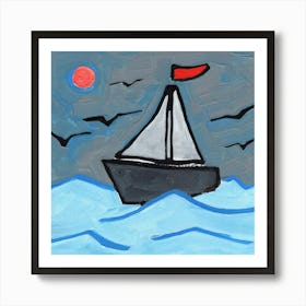 Brave Boat - painting square blue gray sea sky seagulls Art Print