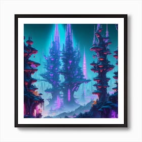 Neon Lit Forestpunk Cityscape With Towering Spires And Intricate Pathways Art Print