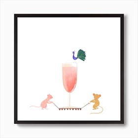 Champagne, Mice And Peacock Party Square Art Print