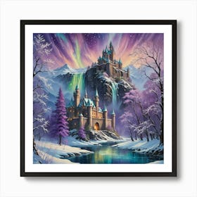 Castle With Waterfall In Midst Of Snowy Mountain Art Print