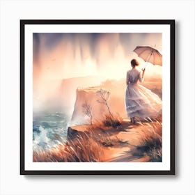Woman With Umbrella On Cliff Art Print