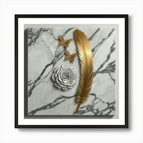 Gold Feather And Flower Art Print