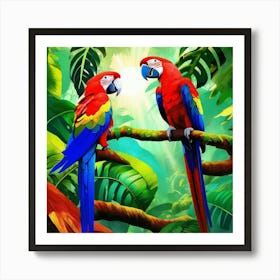 Tropical Parrots In A Rainforest Canopy 1 Art Print