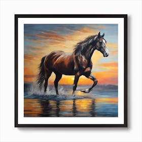 Horse Running At Sunset Art Print