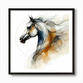 Creative Horse Head In Lines And Circles With Color Accents Ink Drawing Art Print