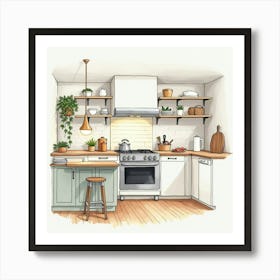 Watercolor Kitchen, Tasteful Blend Of Style And Comfort 1 Art Print