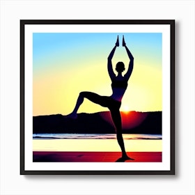 Silhouette Of Woman Doing Yoga At Sunset Art Print by Silicon Studios - Fy