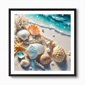 Firefly A Beautiful Feminine Flatlay Of Exotic Seashells, Corals, And Pearls On White Sands And Ocea Poster