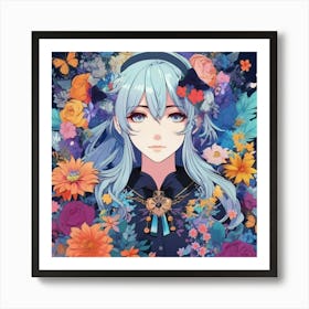 Anime Girl With Flowers 2 Art Print