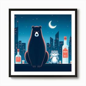 Bear And Cat In The City Art Print