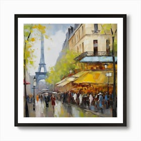 Paris Eiffel Tower Paris city, pedestrians, cafes, oil paints, spring colors. Art Print