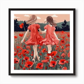 Two Girls In A Poppy Field 2 Art Print