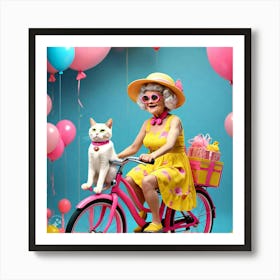 Grandma And Her Pet Cat On Bicycle Art Print