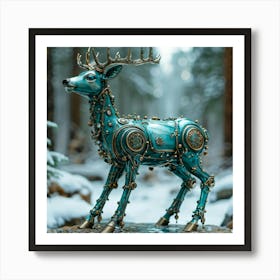 Whimsical Teal Hued Robotic Deer Composed Of Ceramic And Metal With Robot Like Features Frolicking I 2 Art Print