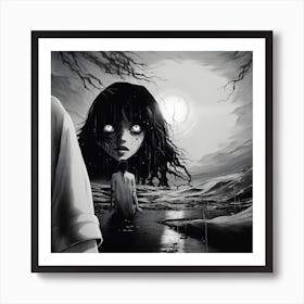 Girl In The Moonlight black and white manga Junji Ito style Art Print