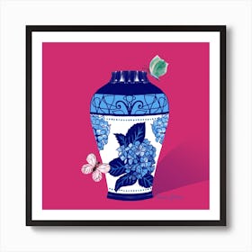Hydrangea Vase On Pink Square Art Print