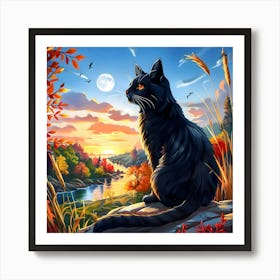 Black Cat Moonrise Art Print