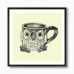 Vintage Owl Mug Linocut Square Art Print