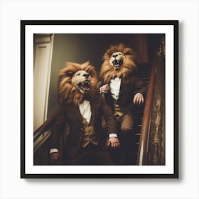 Lions On The Stairs - Friends - Cute - Vintage - Laughing Art Print