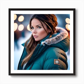 Beautiful woman in down jacket winter background Art Print