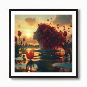 Tulip Woman In Sunset Pond Art Print