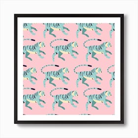 Blue Tiger Pattern On Pink Square Art Print