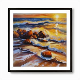 The sea. Beach waves. Beach sand and rocks. Sunset over the sea. Oil on canvas artwork.33 Art Print