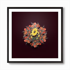 Vintage California Sunflower Floral Wreath on Wine Red Art Print