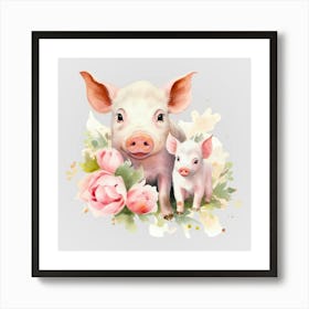 Watercolor Spring Mama And Baby Pigs Art Print