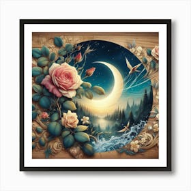 Moon And Roses 1 Art Print