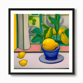 Lemons In A Blue Bowl Art Print