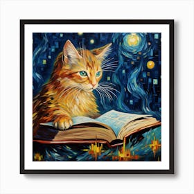 Cat Reading A Book, Vincent Van Gogh Inspired Art Print