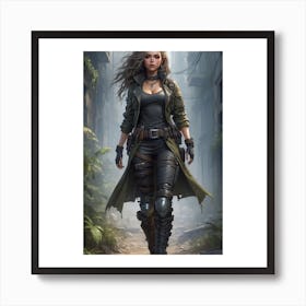 36The image depicts a woman in a black top and brown pants, wearing a green jacket and holding a gun. She is standing in a dark, urban environment with greenery and debris scattered around her. Art Print